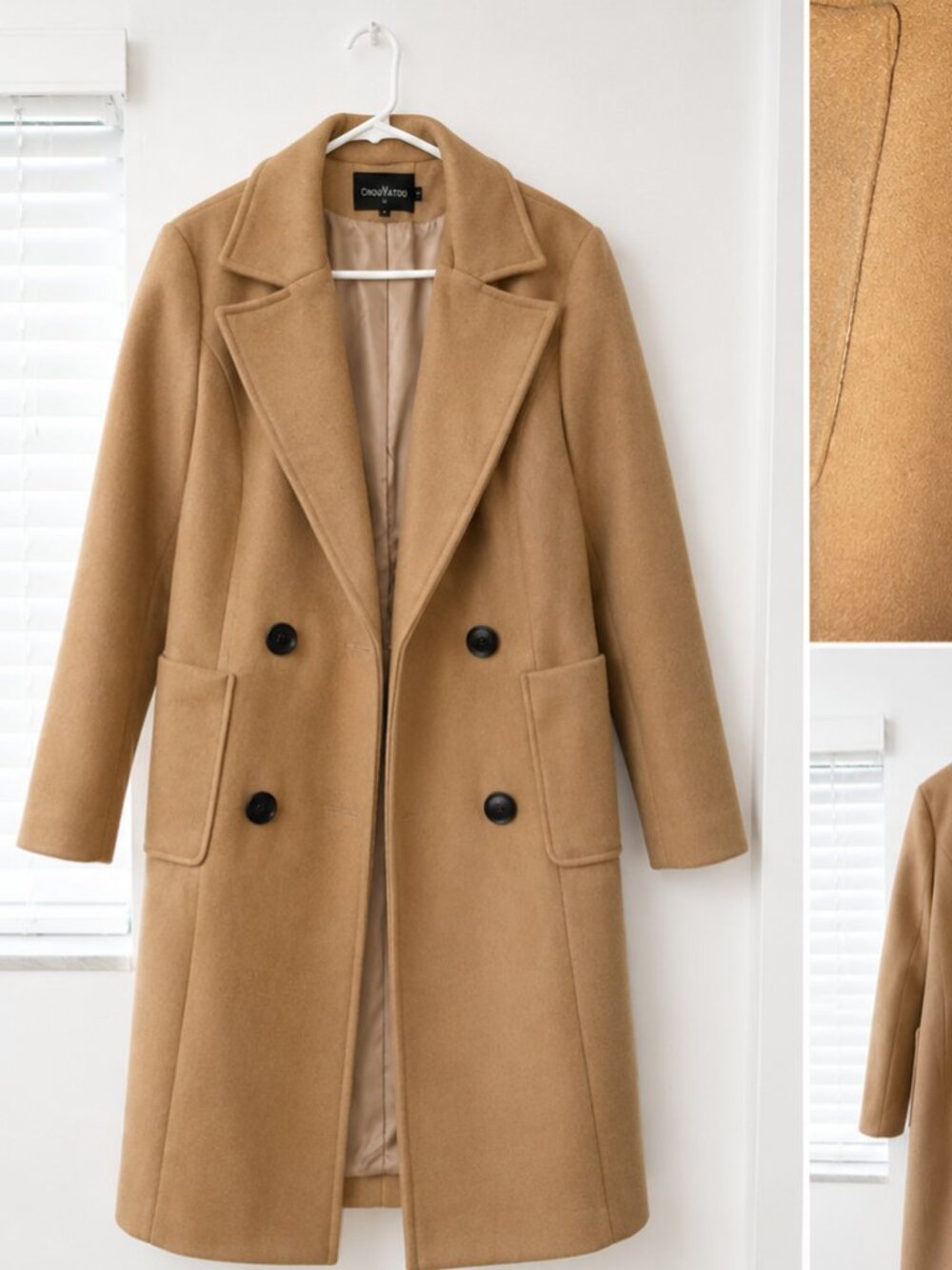 Camel Double Breasted Wool Blend Overcoat Size M